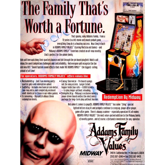 Addams Family Values Arcade Game Flyer Uncle Fester Horror Halloween Art 1993 - Picture 1 of 2